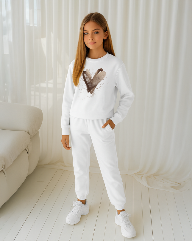 Brown Scatter Hearts Printed Sweatshirt Tracksuit Kids