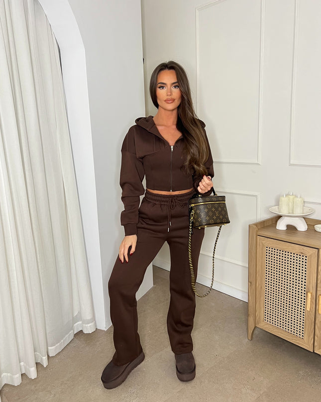 Cropped Zip Up Hood Sweatshirt & Wide Leg Trouser Tracksuit Chocolate Brown