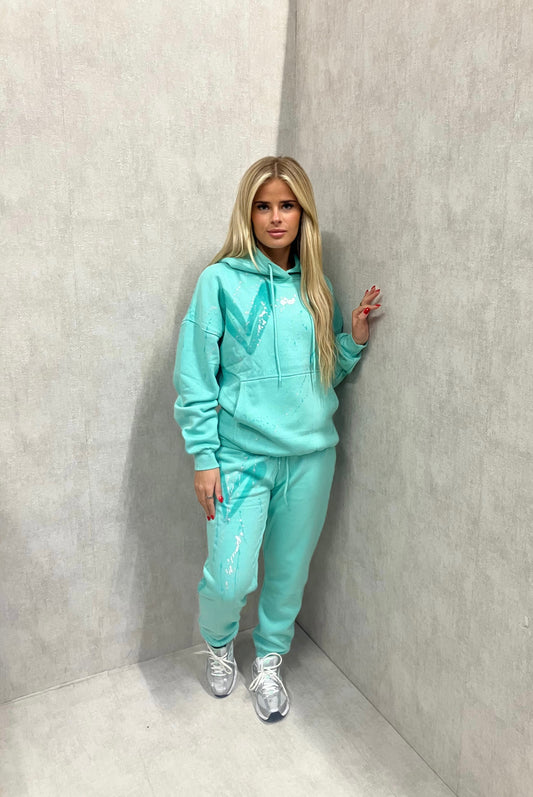 Mint Green Heart Sprayed Hooded Tracksuit