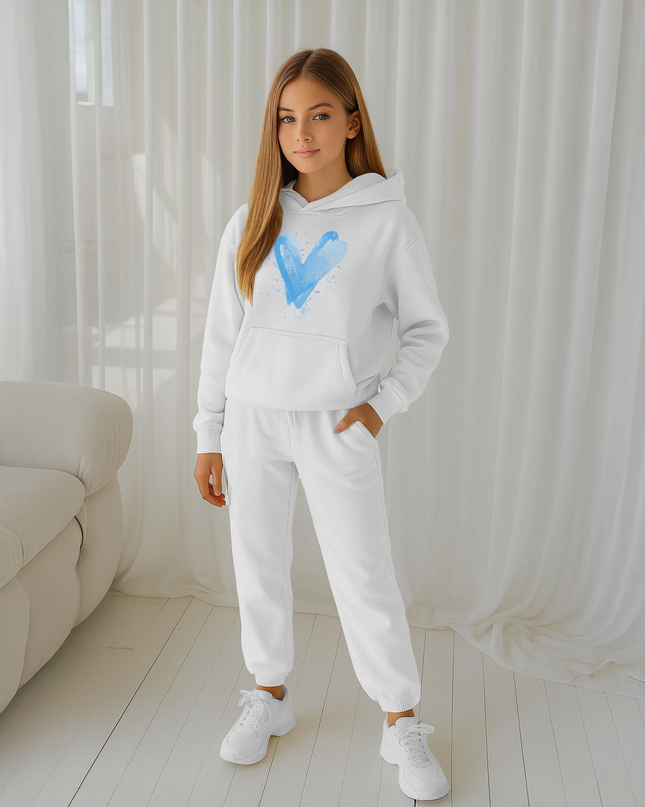 Blue Scattered Hearts Printed Hooded Tracksuit Kids