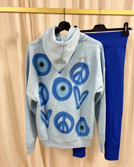 Evil Eye, Peace, Heart Spray Painted Blue Hoodie & Leggings Kids