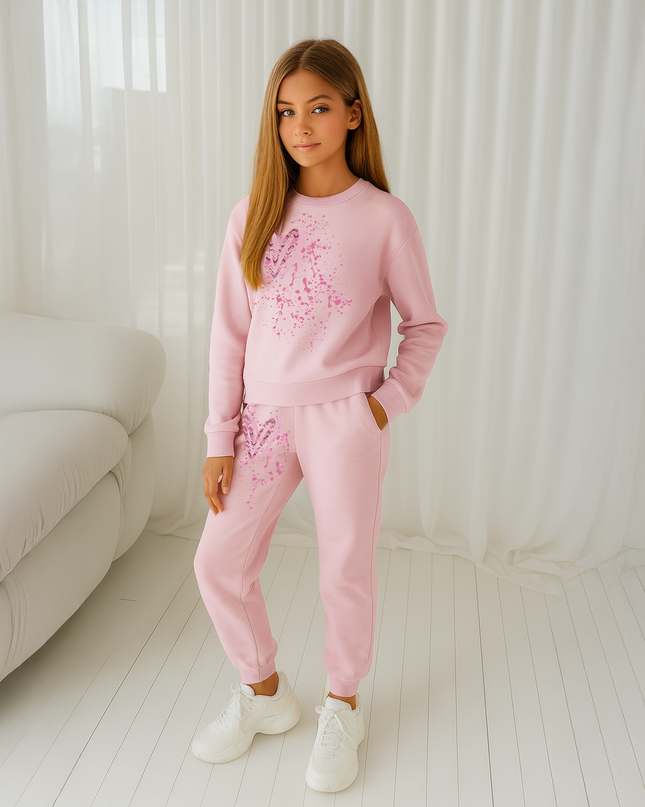 Dark Pink Zig Zag Hearts Printed Sweatshirt Tracksuit Kids