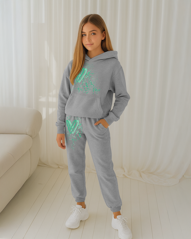 Green Hearts Printed Hooded Tracksuit Kids