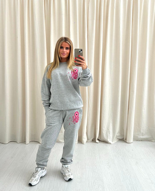 Pink Evil Eye, Peace, Heart Graffiti Sweatshirt Tracksuit Grey