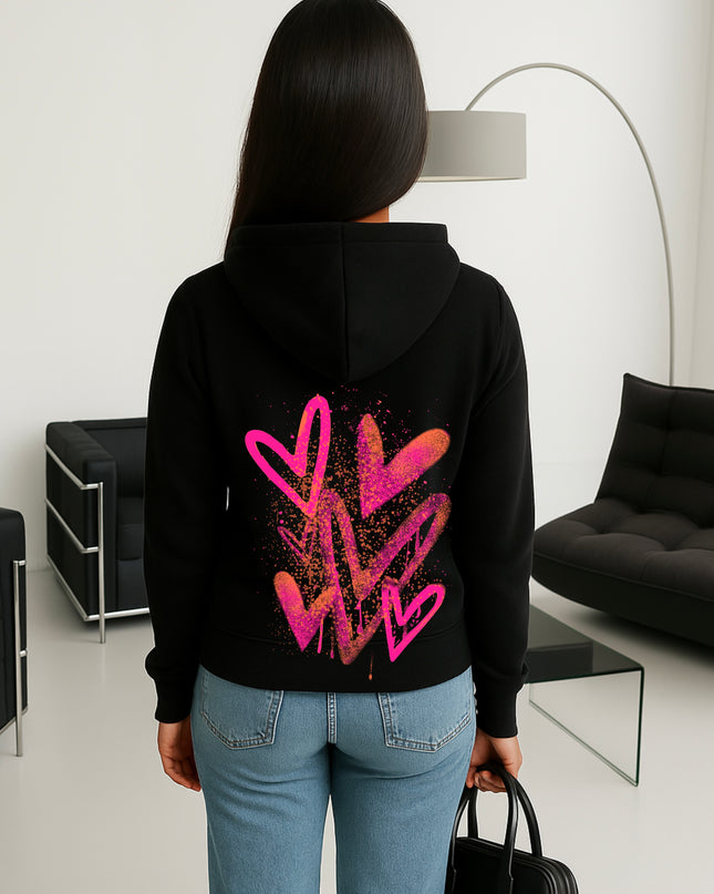 Neon Pink And Orange Scatter Hearts Printed Hoodie