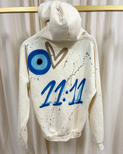 11:11 Gold Heart, Evil Eye Spray Painted Cream Hoodie Adults