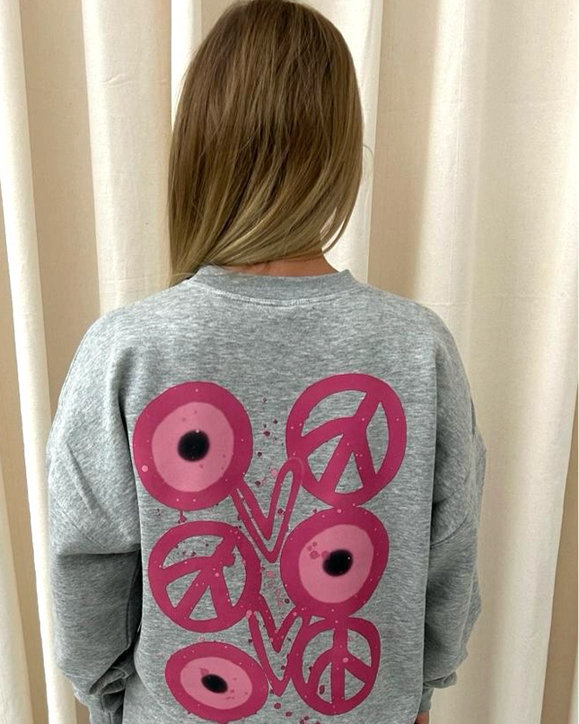 Pink Evil Eye, Peace, Heart Graffiti Sweatshirt Grey