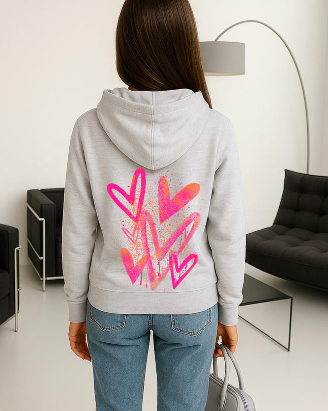 Neon Pink And Orange Scatter Hearts Printed Hoodie