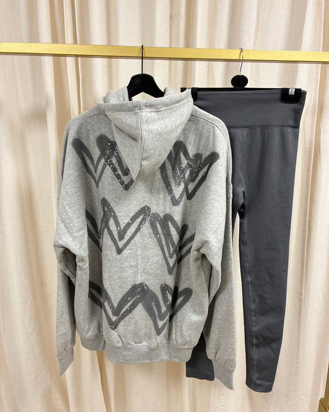 Charcoal Grey Hearts Spray Painted Grey Hoodie & Leggings Adults