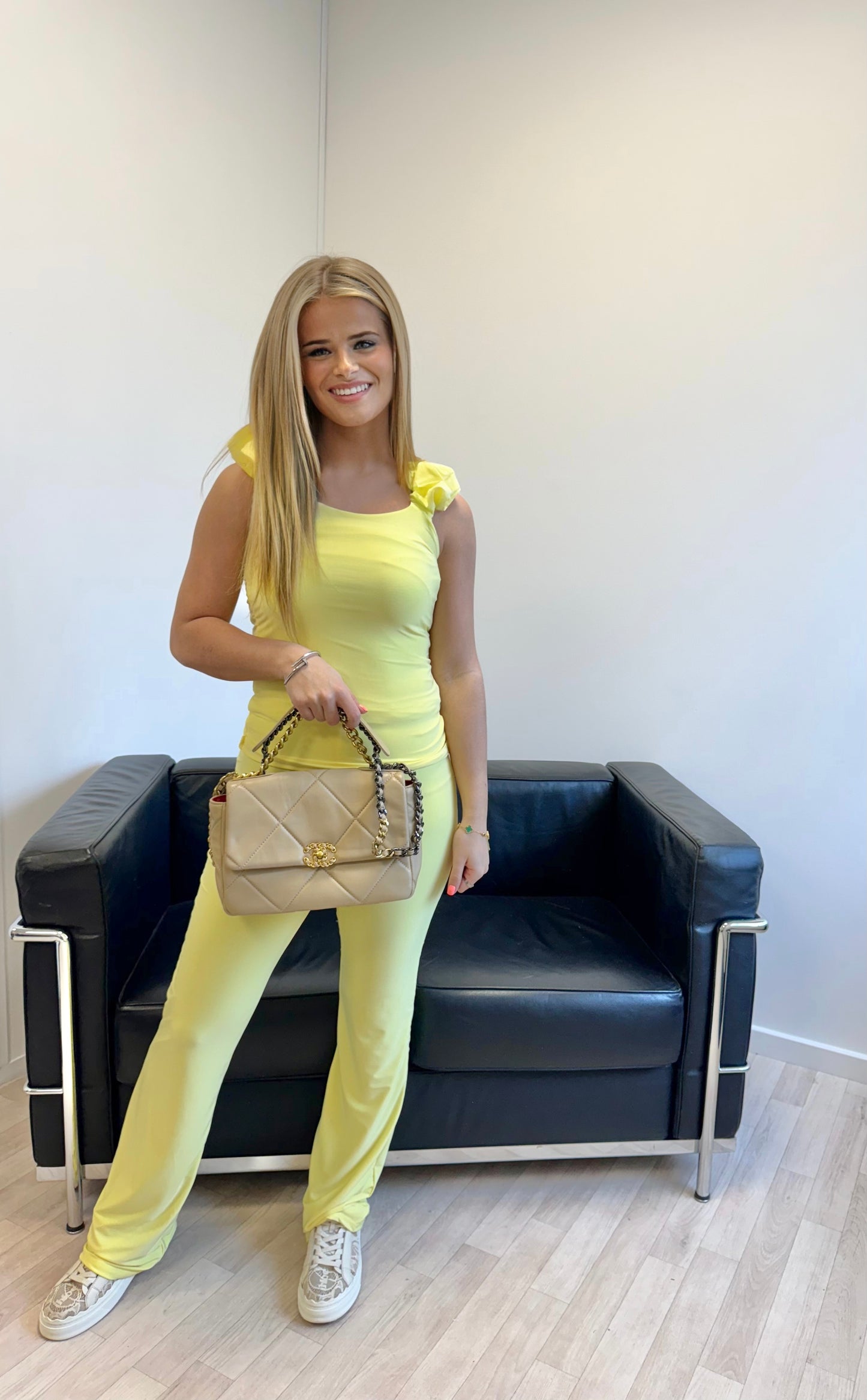 Lemon Ruched Straps Slinky Top & Wide Leg Trouser Co-ord