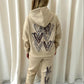 Brown Leopard Print Heart Graffiti Hooded Tracksuit Beige