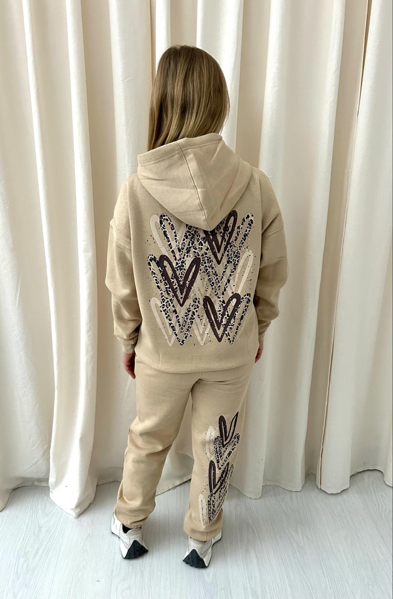 Brown Leopard Print Heart Graffiti Hooded Tracksuit Beige