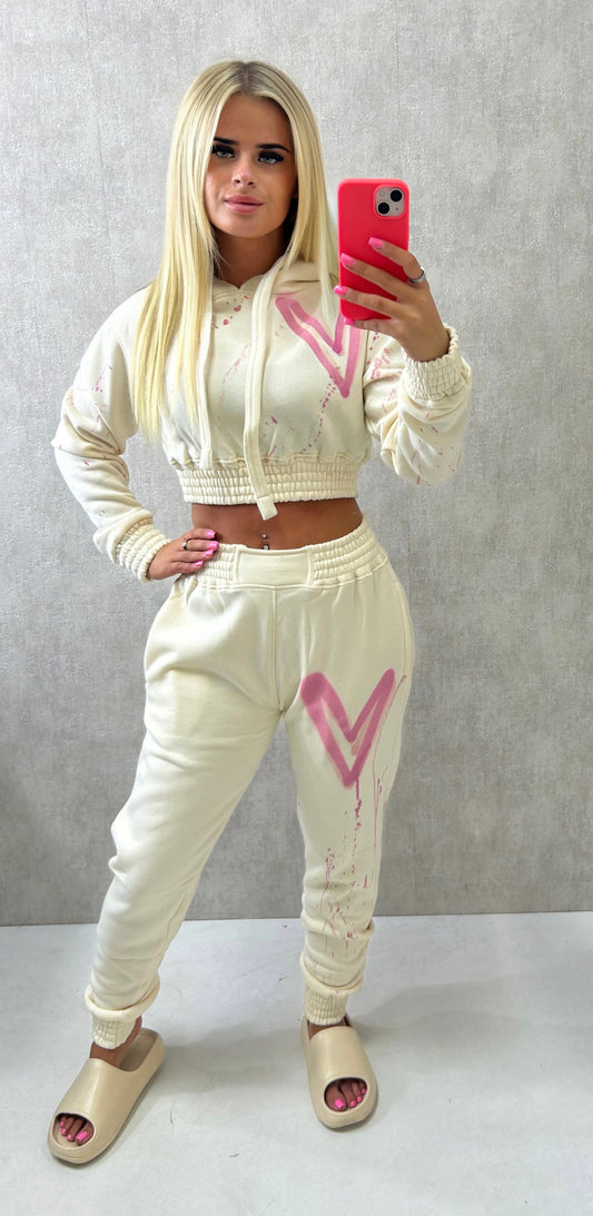 Pink Heart Cropped Hooded Tracksuit Cream