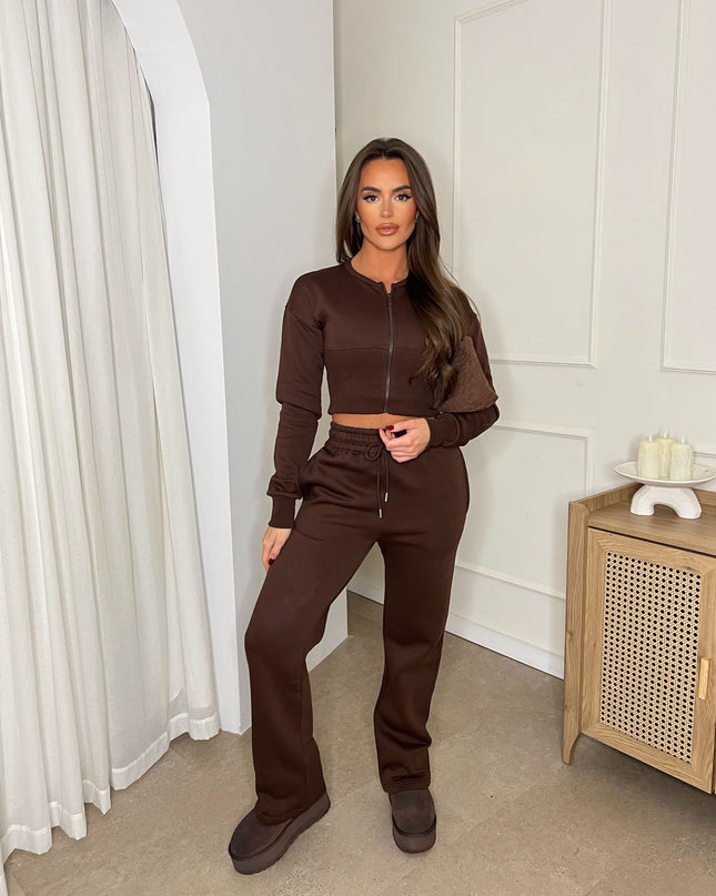 Cropped Zip Up Sweatshirt & Wide Leg Trouser Tracksuit Brown