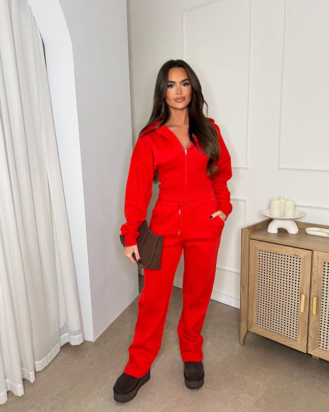 Cropped Zip Up Hood Sweatshirt & Wide Leg Trouser Tracksuit Red