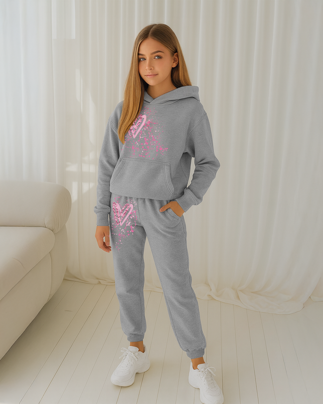 Dark Pink Zig Zag Hearts Printed Hooded Tracksuit Kids