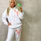 Coral/Pink Heart Sprayed White Hooded Tracksuit