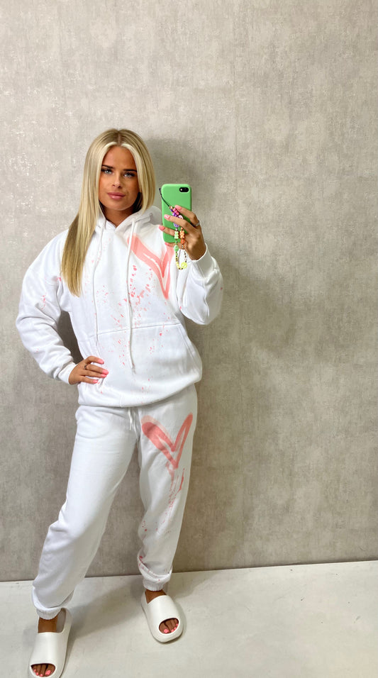 Coral/Pink Heart Sprayed White Hooded Tracksuit