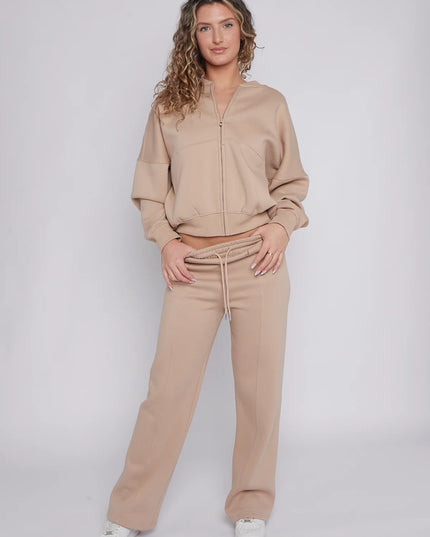Oversized Bomber Style Fleece Zipper Co-ord Forest Dove Beige