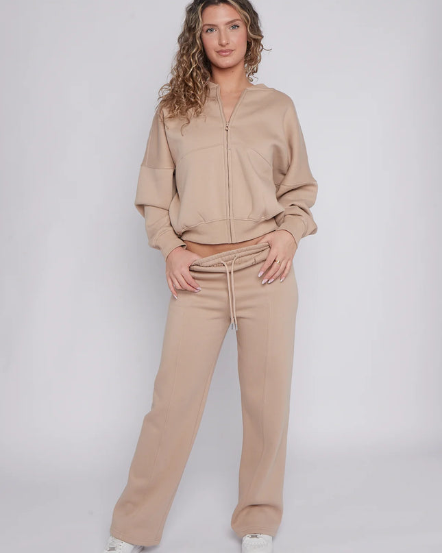 Oversized Bomber Style Fleece Zipper Co-ord Forest Dove Beige