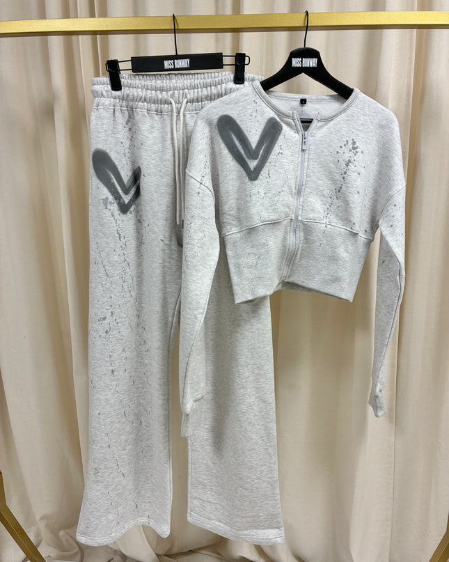 Ash Grey Heart Spray Painted Cropped Tracksuit Adult