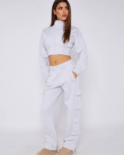 Cropped Zip Up Sweatshirt & Cargo Trouser Tracksuit Ash Grey