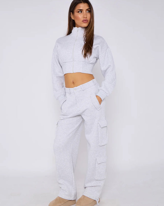 Cropped Zip Up Sweatshirt & Cargo Trouser Tracksuit Ash Grey