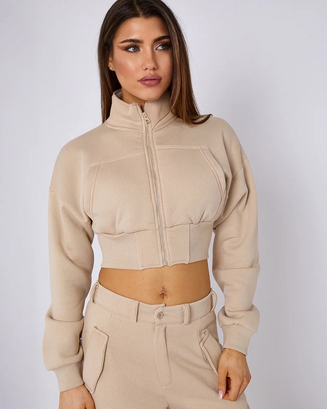 Cropped Zip Up Sweatshirt & Cargo Trouser Tracksuit Beige