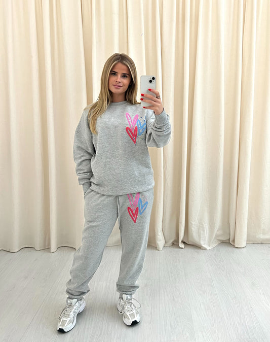 Miss Runway Multicolour Heart Graffiti Sweatshirt Tracksuit Grey