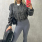 Charcoal Grey Cropped Faux Leather Bomber Jacket