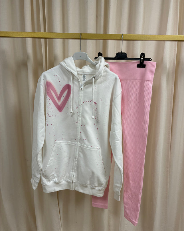 Pink Heart Spray Painted Zip Up Hoodie & Leggings Kids