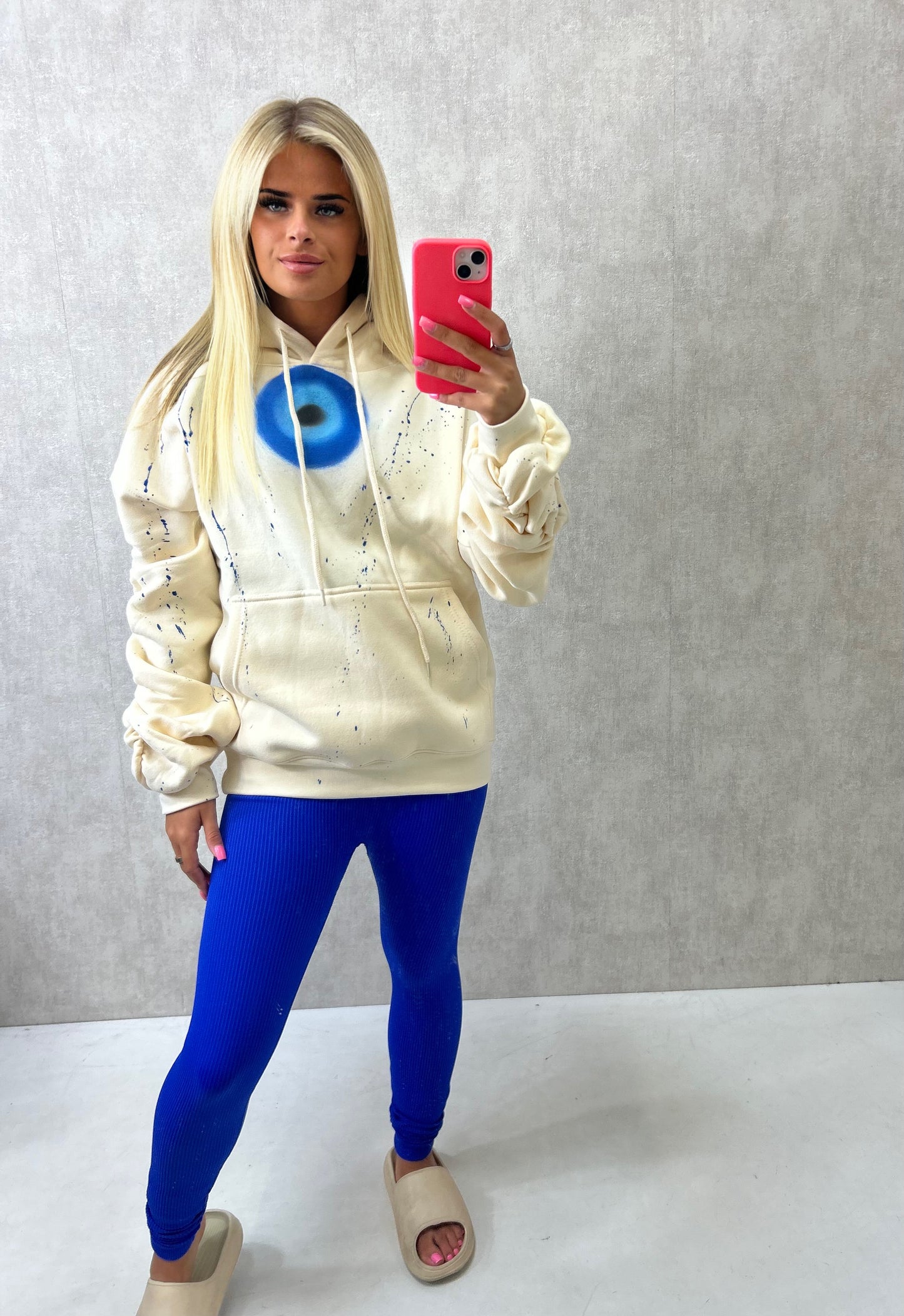 Protect Your Energy Sprayed Ruched Hoodie And Royal Blue Legging Set