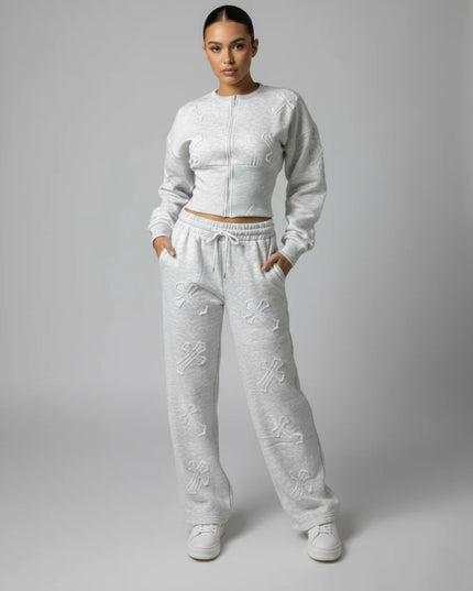 Crucifix Embroidered Crop Top Fleece Co-ord Ash Grey