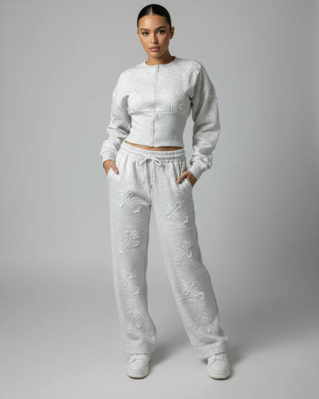 Crucifix Embroidered Crop Top Fleece Co-ord Ash Grey