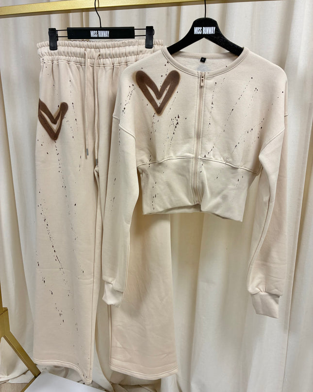 Brown Heart Spray Painted Stone Cropped Tracksuit Adult