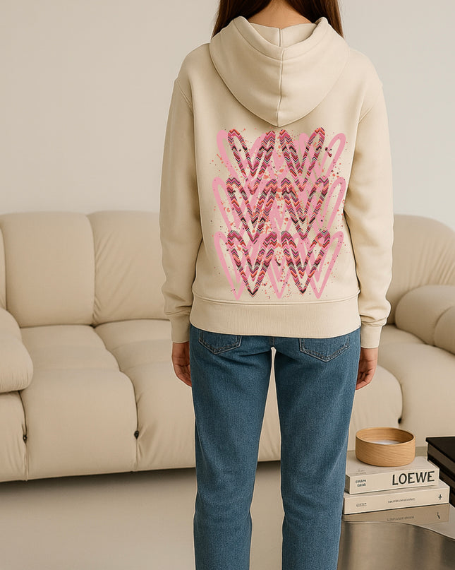 Coral Zig Zag Heart Printed Hoodie