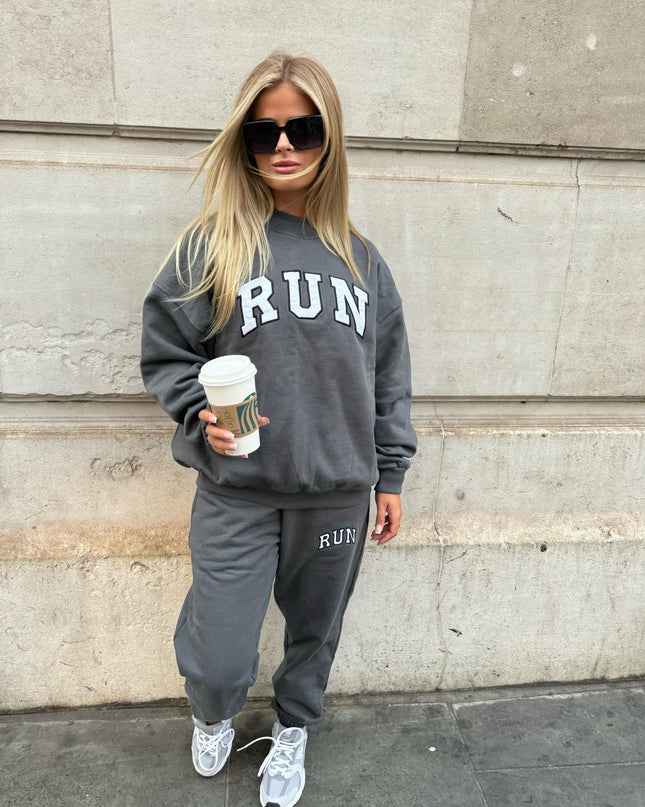 Run Appliqué 100% Cotton Sweatpants Charcoal