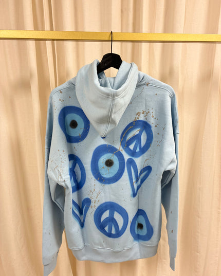 Evil Eye, Peace, Heart Spray Painted Blue Hoodie Kids