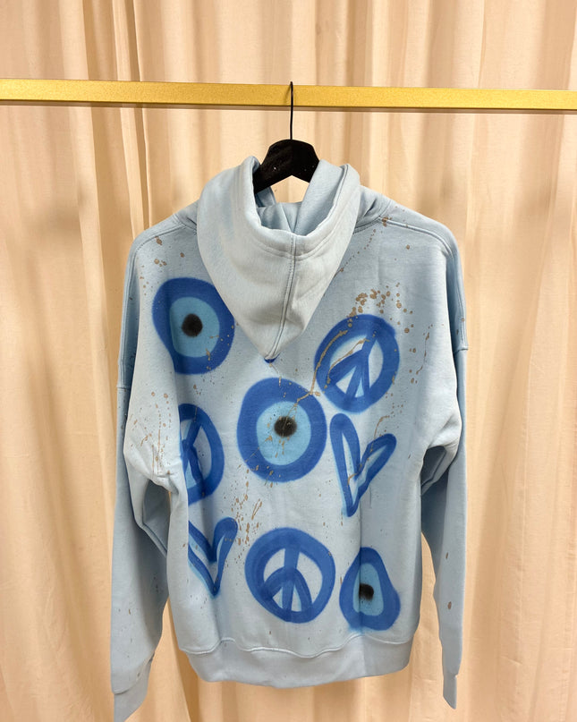 Evil Eye, Peace Spray Painted Blue Hoodie Adults