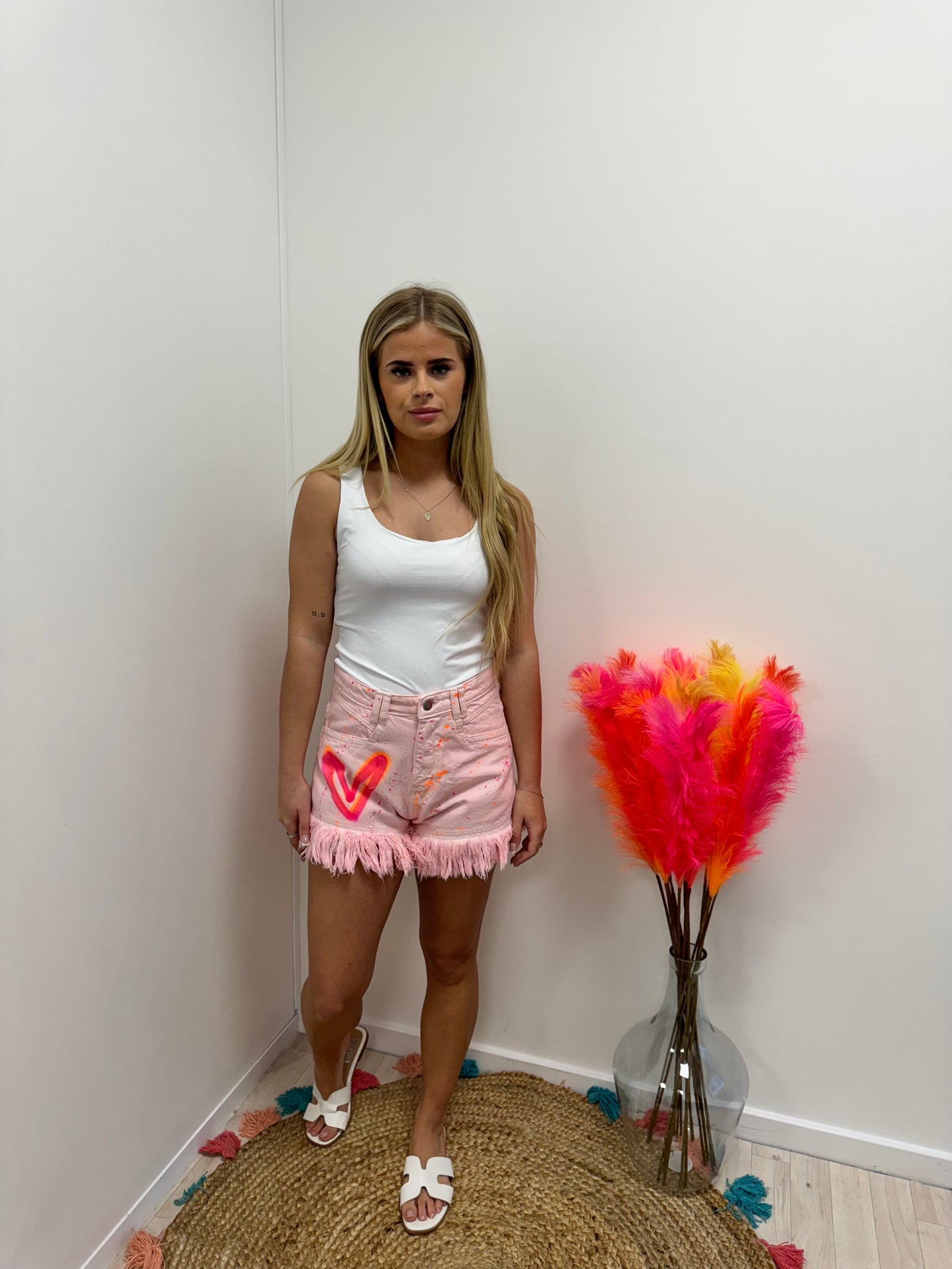 Neon Pink/Orange Hearts Pink Denim Sprayed Shorts