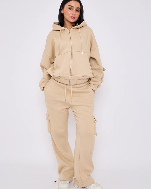 Cargo Style Zip Hooded Tracksuit Beige