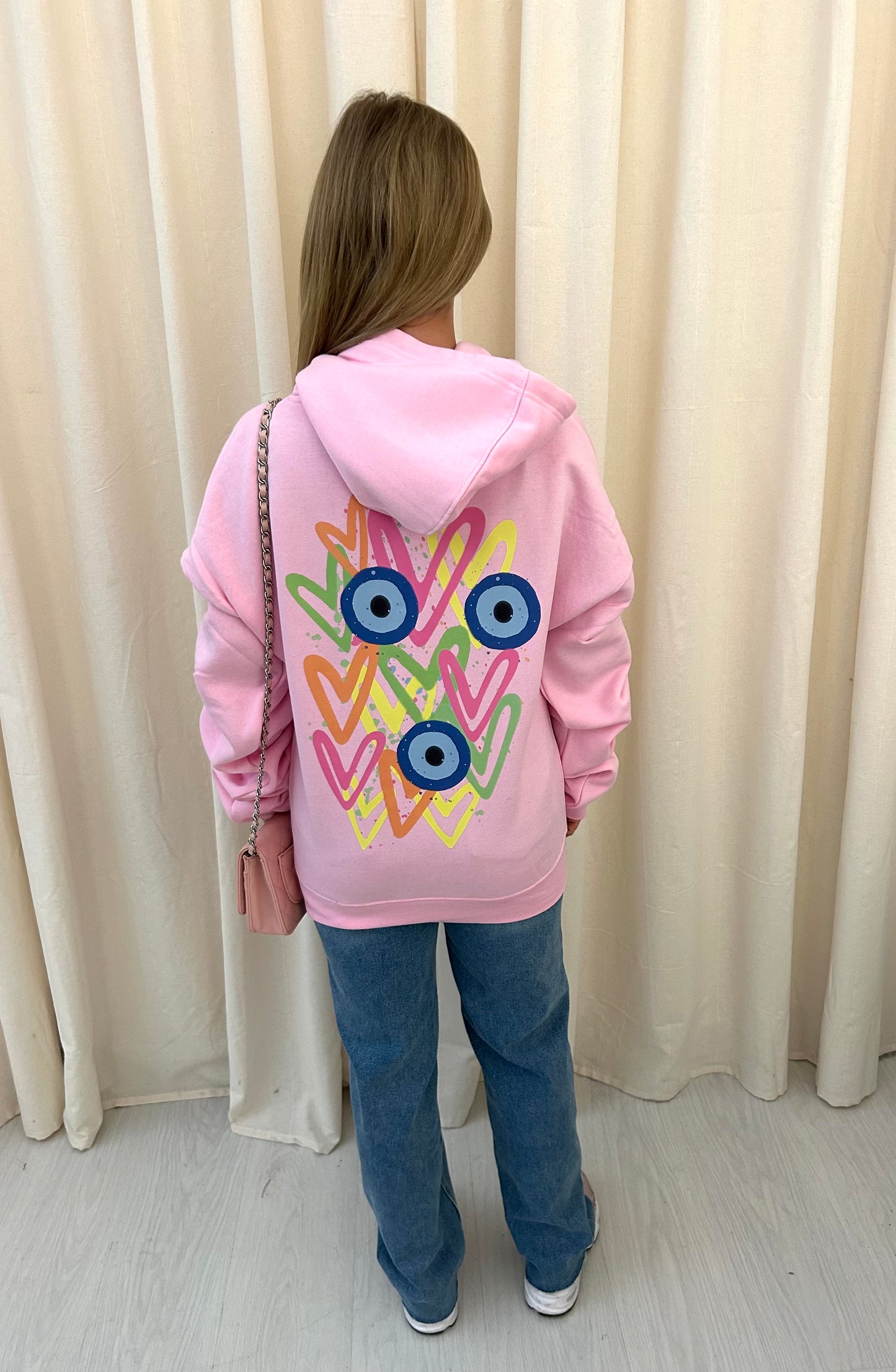 Neon Heart Evil Eye Graffiti Ruched Hoodie Pink