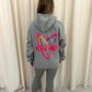 Miss Runway Multicolour Heart Graffiti Ruched Hoodie And Legging Set Grey