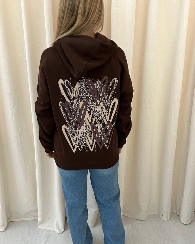 Leopard Print Heart Printed Ruched Hoodie