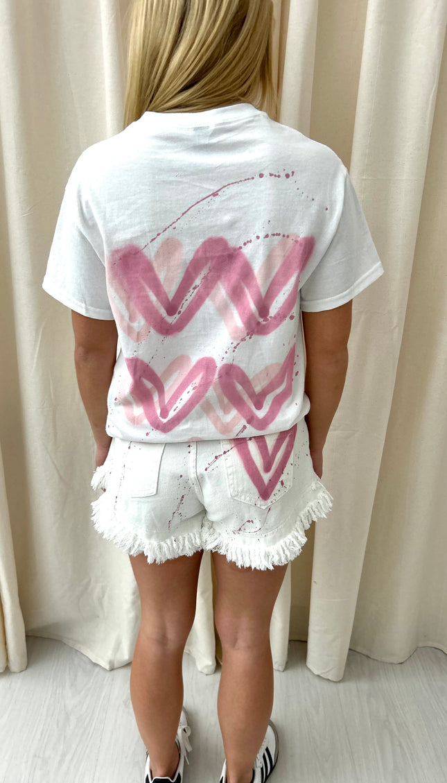 Pink Heart Spray Painted Denim Shorts And T Shirt