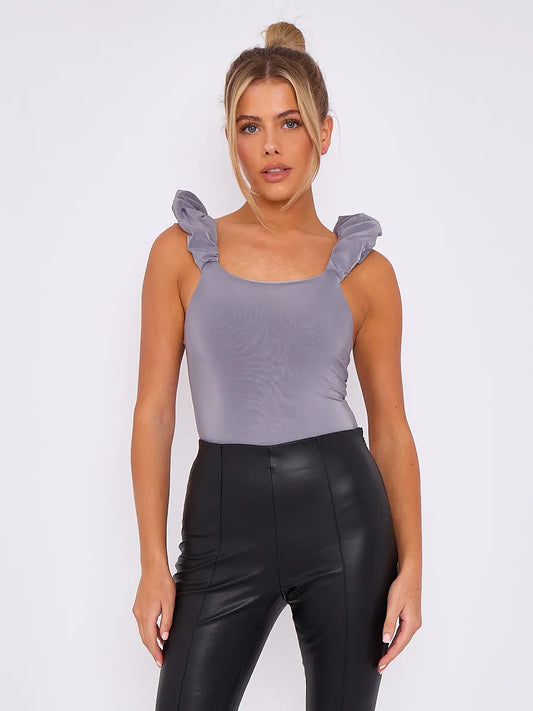 Ruched Sleeve Bodysuit Charcoal Grey