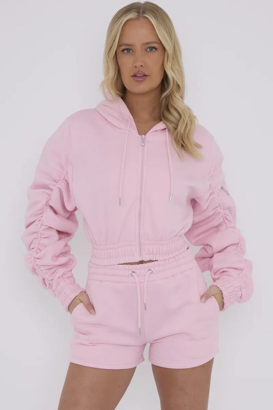 Cropped Zip Up Ruched Sleeve Hoodie & Shorts Fleece Co-ord Pink