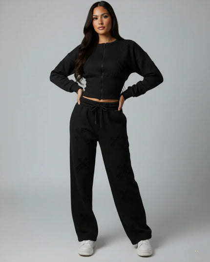 Crucifix Embroidered Crop Top Fleece Co-ord Chocolate Black