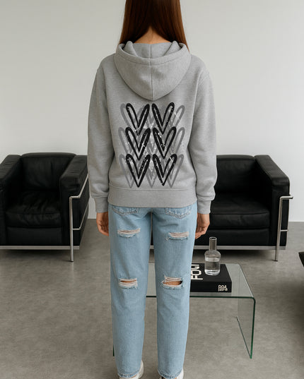 Dark Grey Heart Printed Hoodie