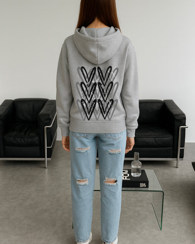 Dark Grey Heart Printed Hoodie